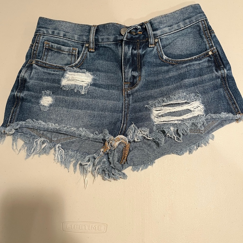 Bullhead Blue Distressed Jean Shorts with Frayed Hem